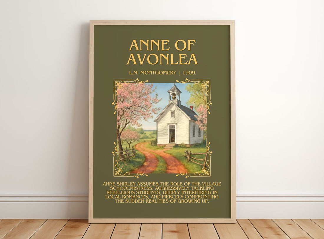 Anne Of Avonlea Minimalist Book Poster by L.M. Montgomery – framed print leaning on a wooden floor