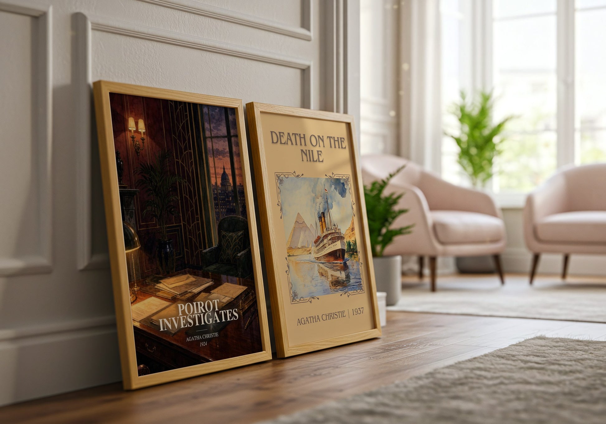Poirot Investigates watercolour print framed by window – literary home decor