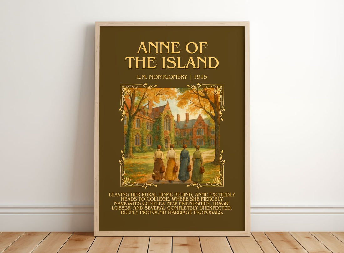 Anne Of The Island Minimalist Book Poster by L.M. Montgomery – framed print leaning on a wooden floor