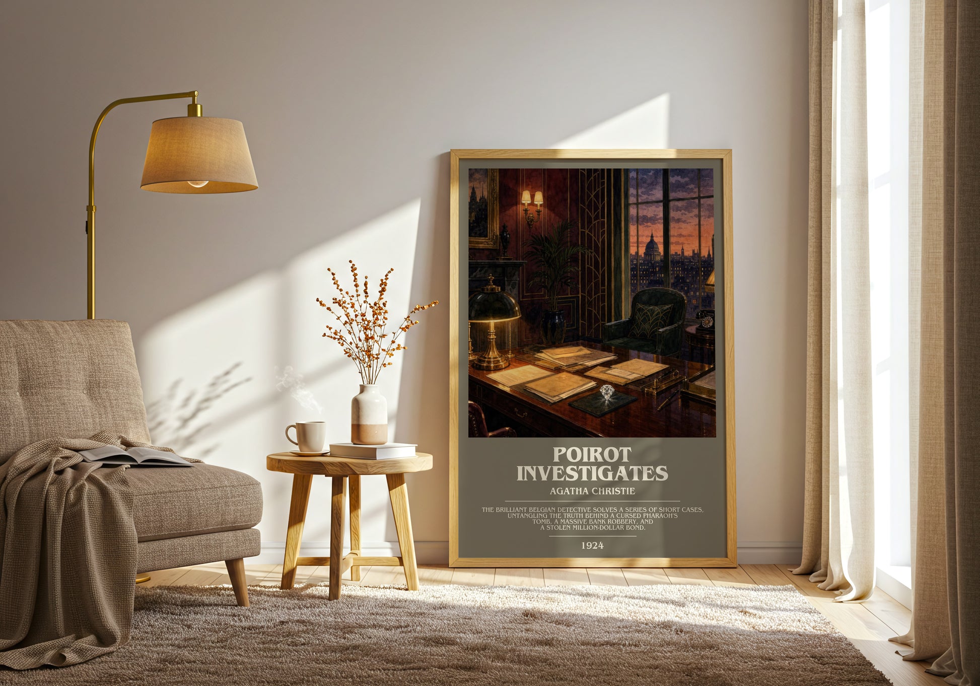 Poirot Investigates bookish print on bookshelf – Agatha Christie fan gift