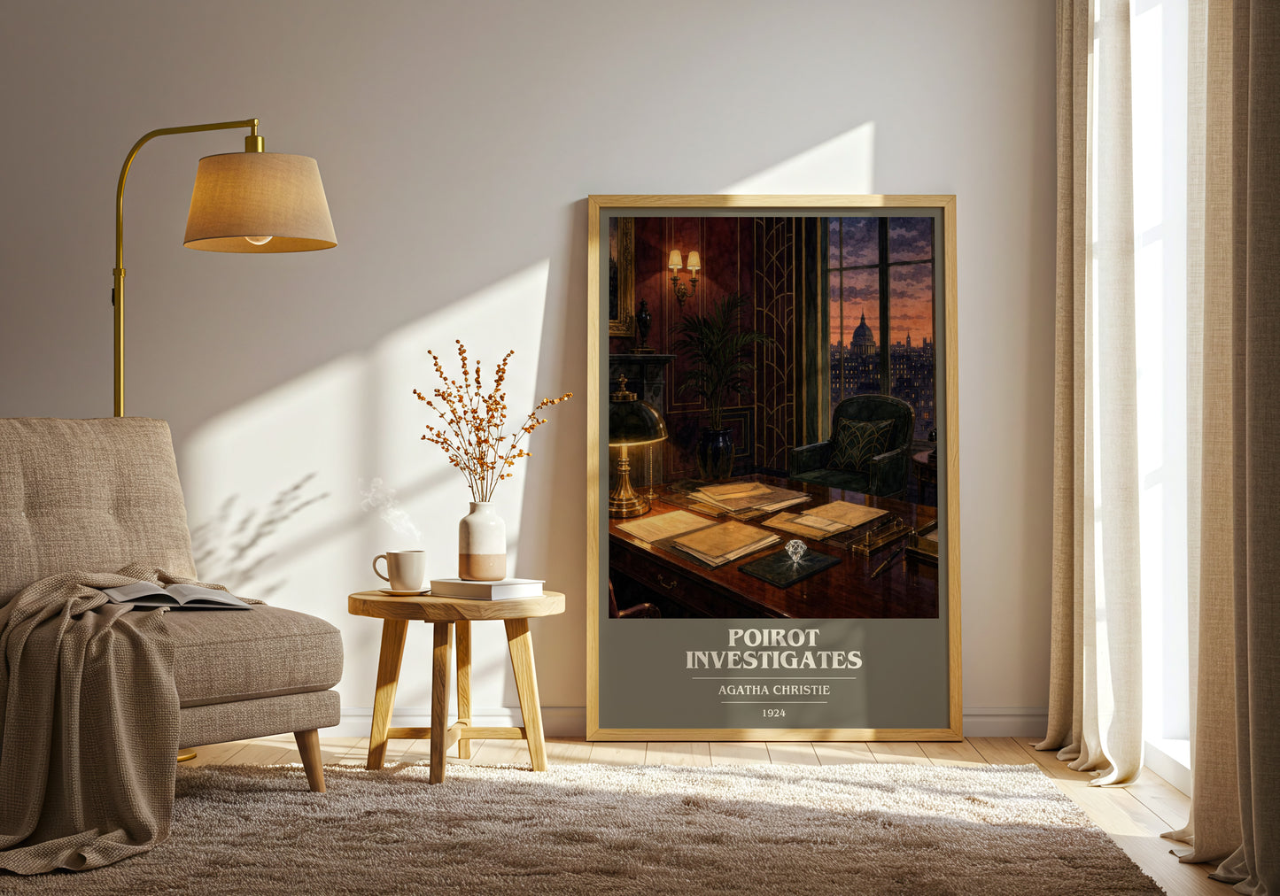 Poirot Investigates book cover print on bookshelf – Agatha Christie fan gift