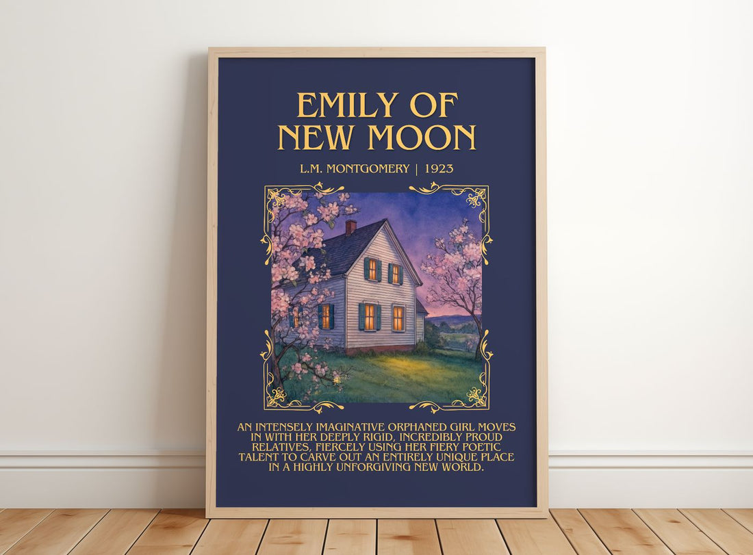 Emily Of New Moon Minimalist Book Poster by L.M. Montgomery – framed print leaning on a wooden floor