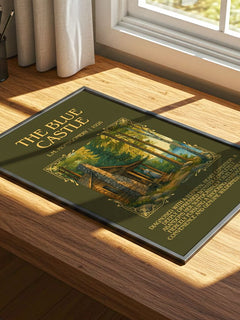 The Blue Castle Minimalist Book Poster by L.M. Montgomery – print on a sunlit desk
