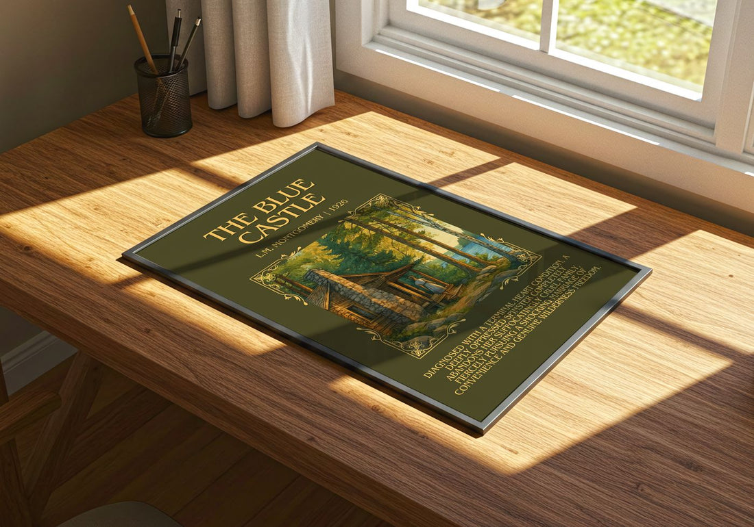 The Blue Castle Minimalist Book Poster by L.M. Montgomery – print on a sunlit desk
