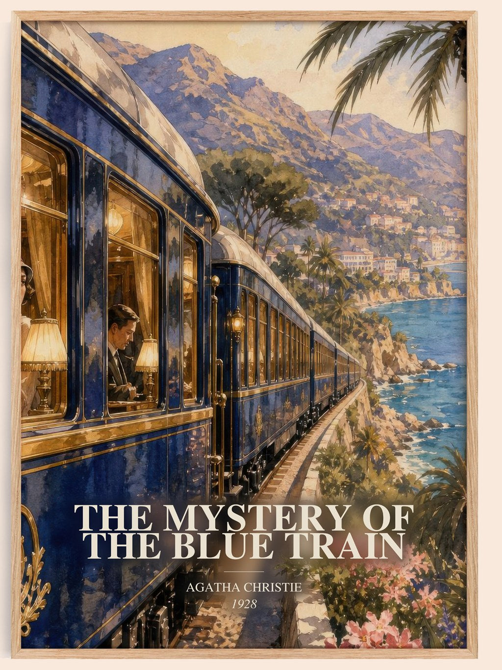 The Mystery Of The Blue Train watercolour book poster by Agatha Christie – framed literary art print