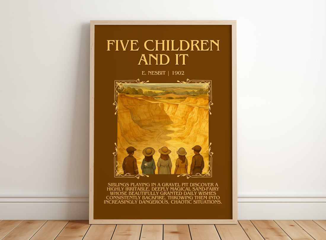 Five Children And It Minimalist Book Poster by E. Nesbit – framed print leaning on a wooden floor