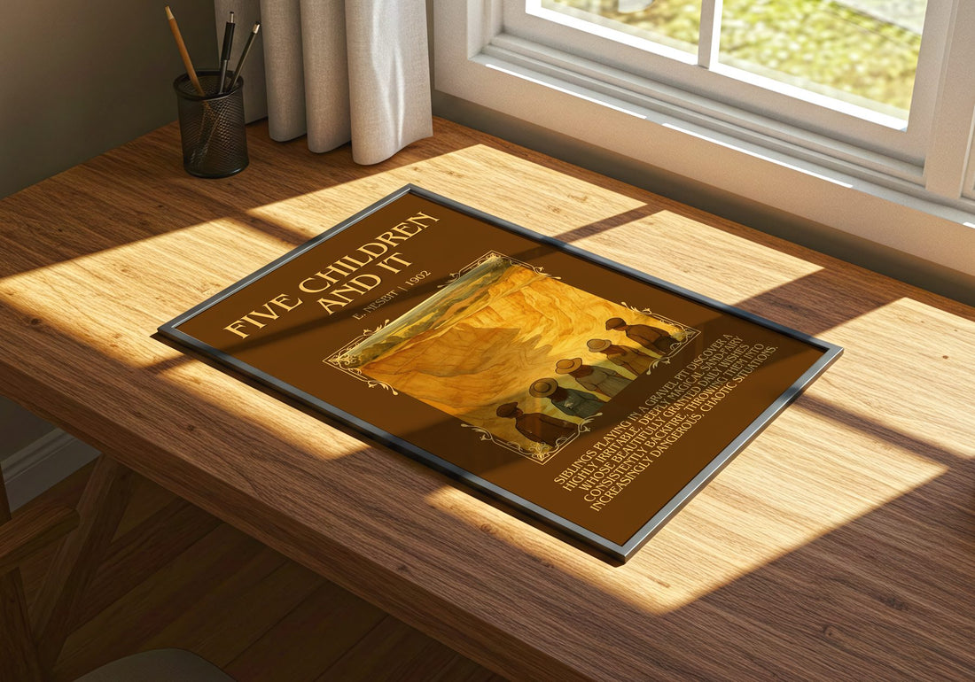 Five Children And It Minimalist Book Poster by E. Nesbit – print on a sunlit desk