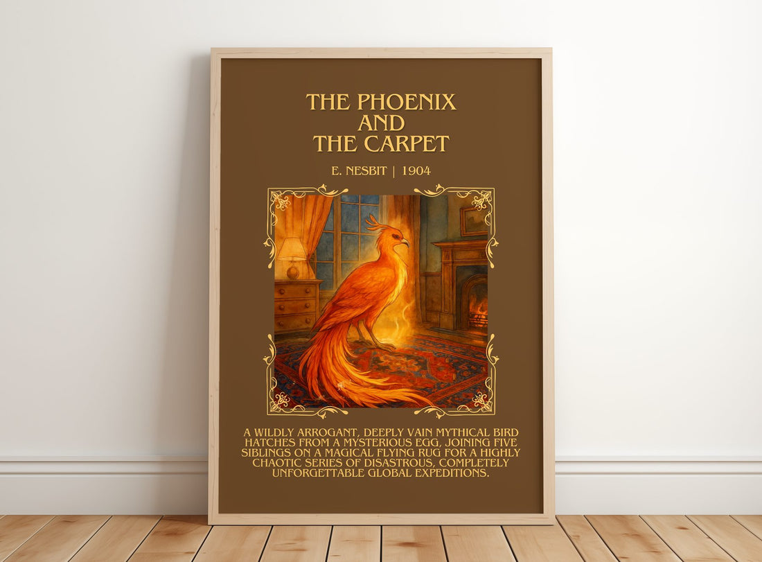 The Phoenix And The Carpet Minimalist Book Poster by E. Nesbit – framed print leaning on a wooden floor