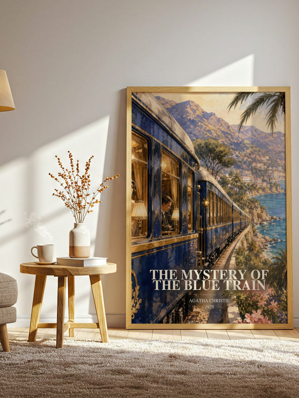 The Mystery Of The Blue Train watercolour print in frame leaning in hallway – mystery wall art
