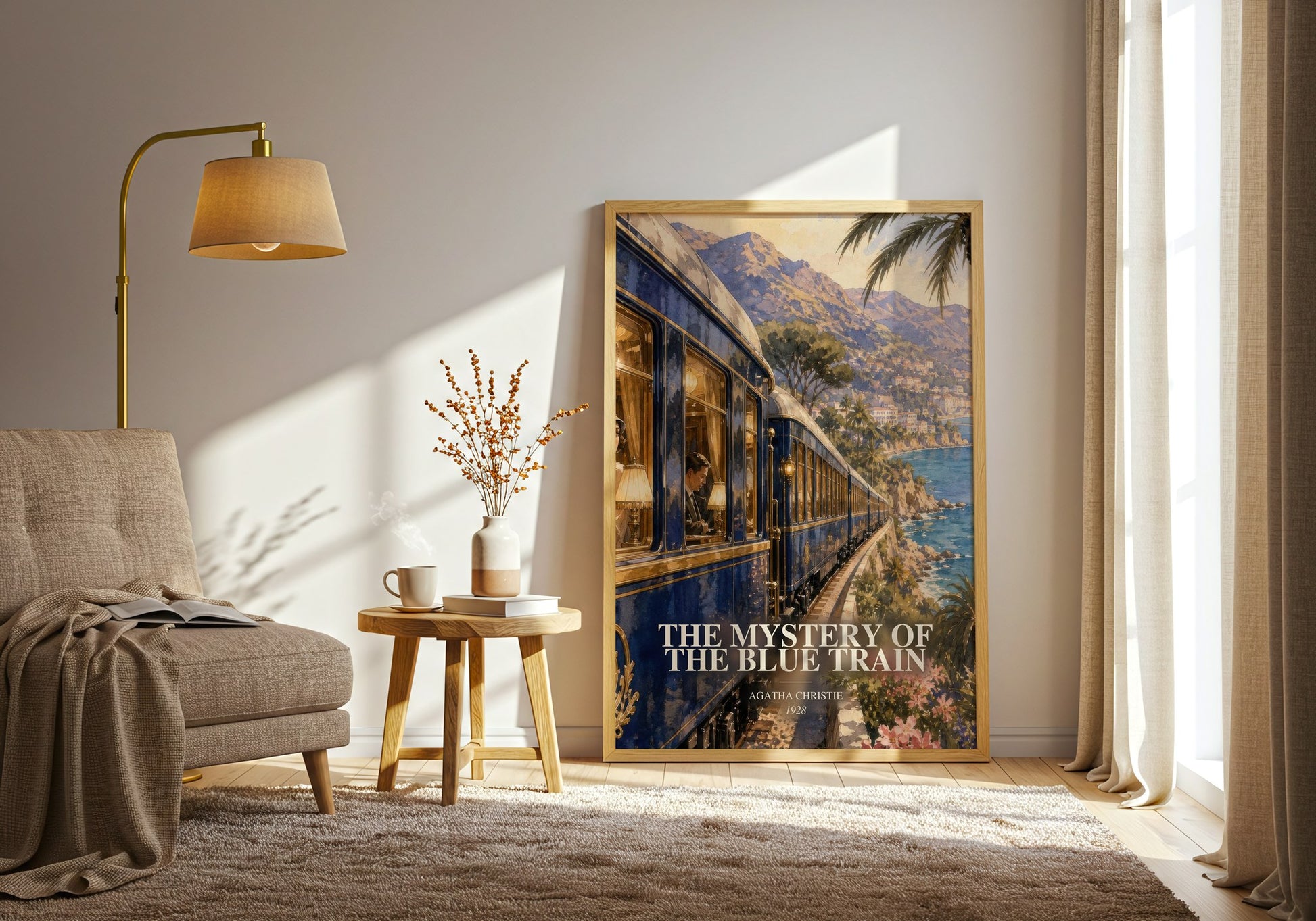 The Mystery Of The Blue Train watercolour print in frame leaning in hallway – mystery wall art