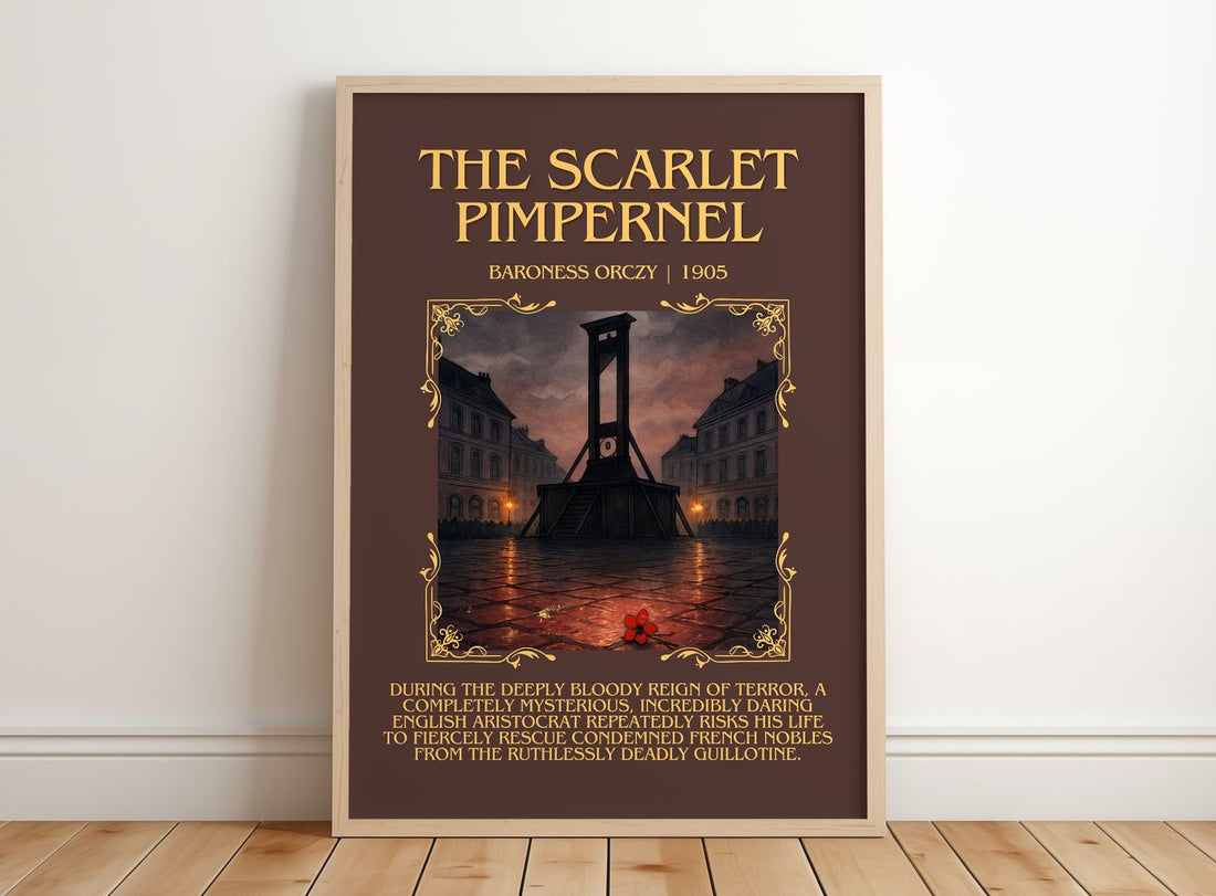 The Scarlet Pimpernel Minimalist Book Poster by Baroness Orczy – framed print leaning on a wooden floor