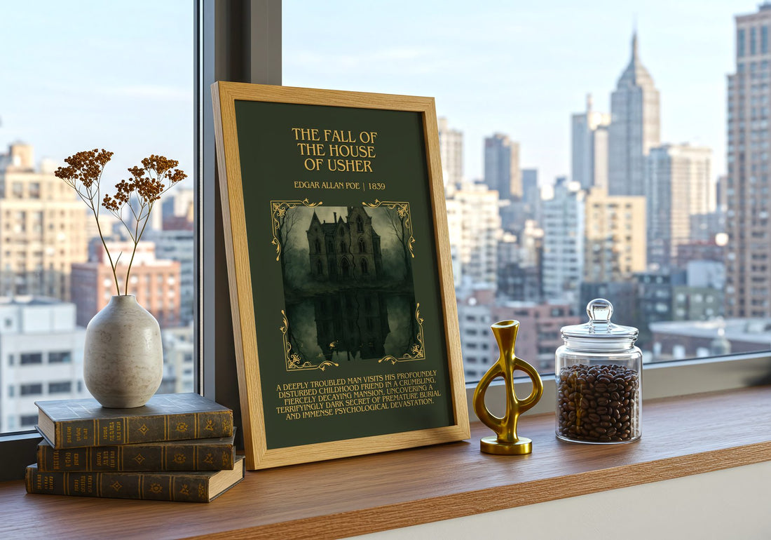 Fall Of The House Of Usher Minimalist Book Poster by Edgar Allan Poe – framed print on a city-view windowsill