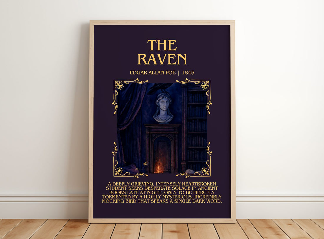 The Raven Minimalist Book Poster by Edgar Allan Poe – framed print leaning on a wooden floor