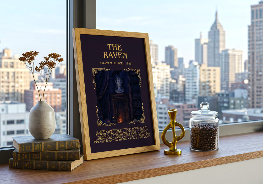 The Raven Minimalist Book Poster by Edgar Allan Poe – framed print on a city-view windowsill
