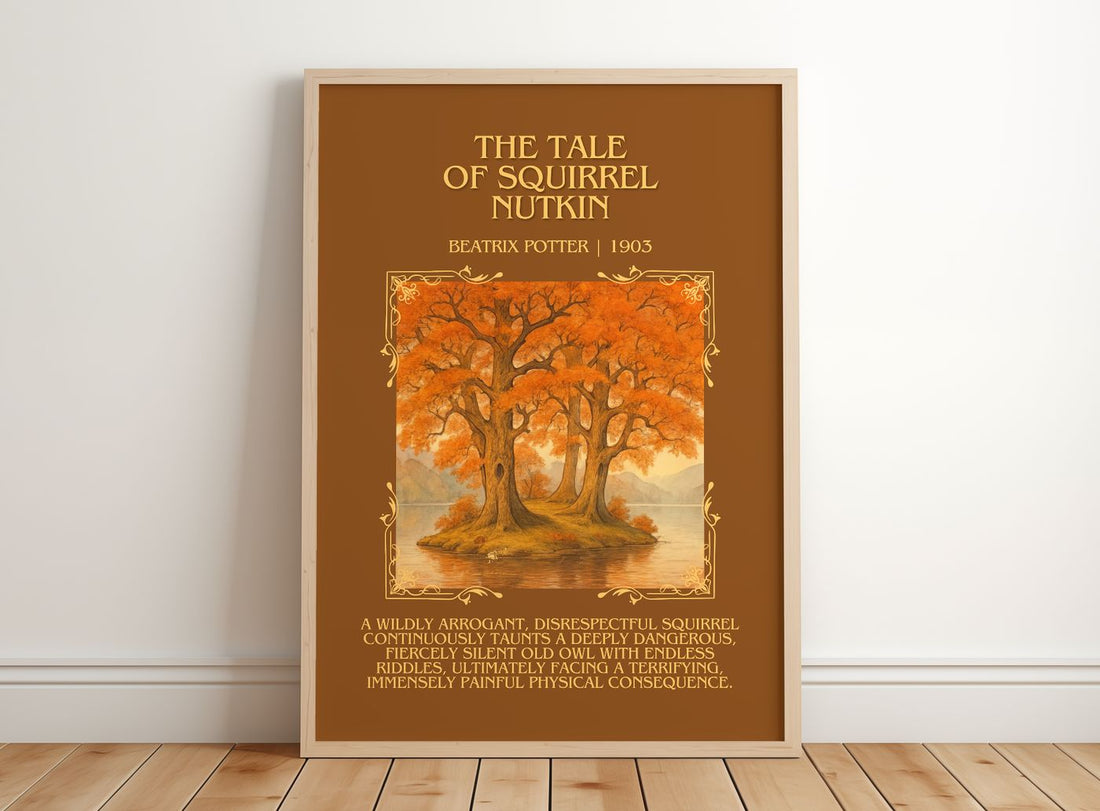 The Tale Of Squirrel Nutkin Minimalist Book Poster by Beatrix Potter – framed print leaning on a wooden floor