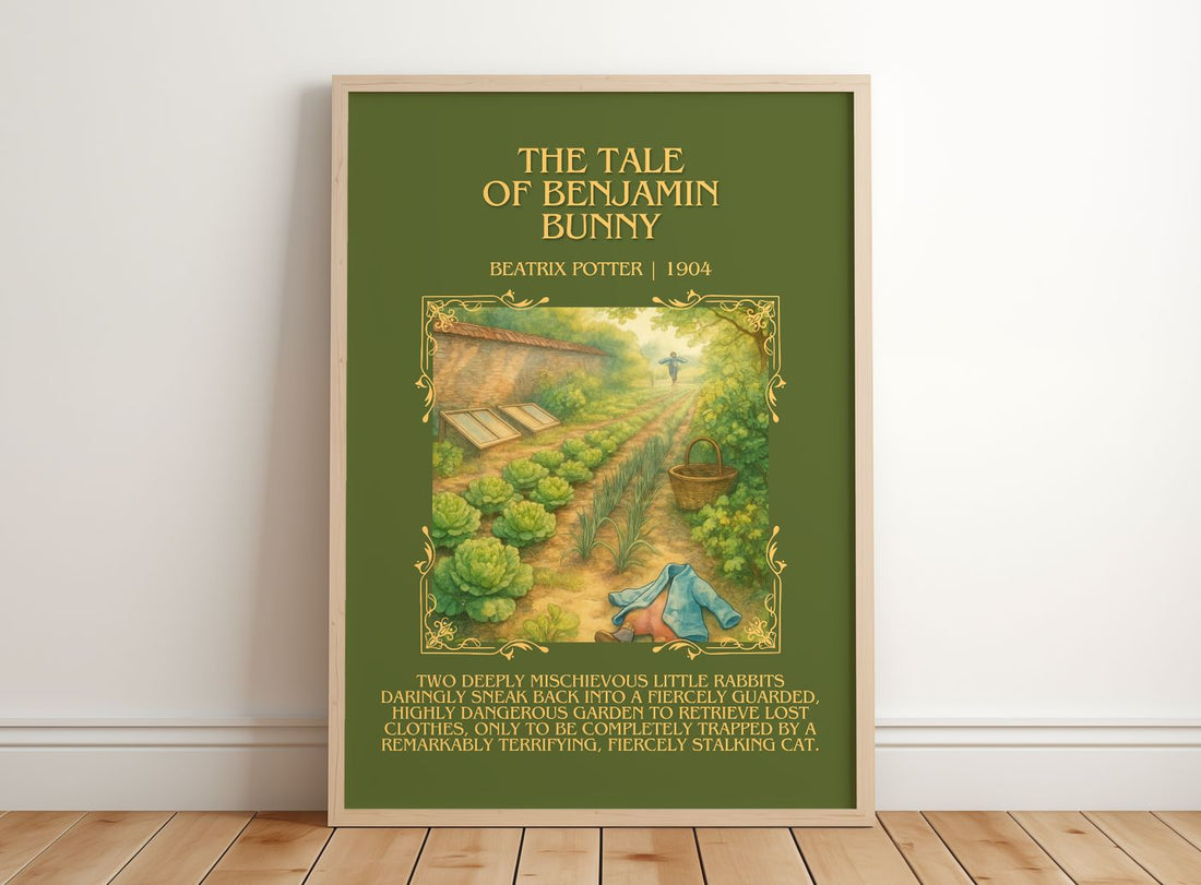 The Tale Of Benjamin Bunny Minimalist Book Poster by Beatrix Potter – framed print leaning on a wooden floor