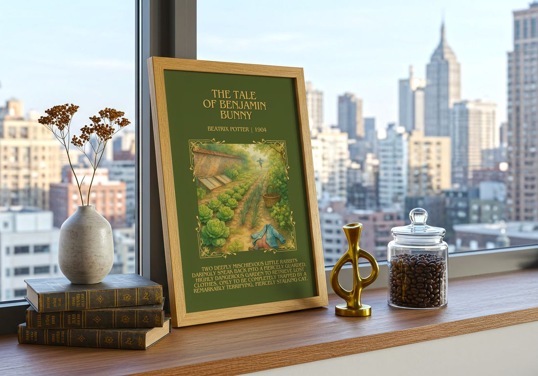 The Tale Of Benjamin Bunny Minimalist Book Poster by Beatrix Potter – framed print on a city-view windowsill