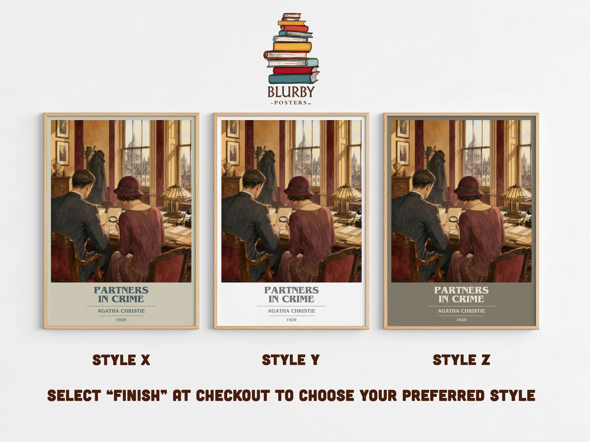Partners In Crime book cover print in frame leaning in hallway – mystery wall art