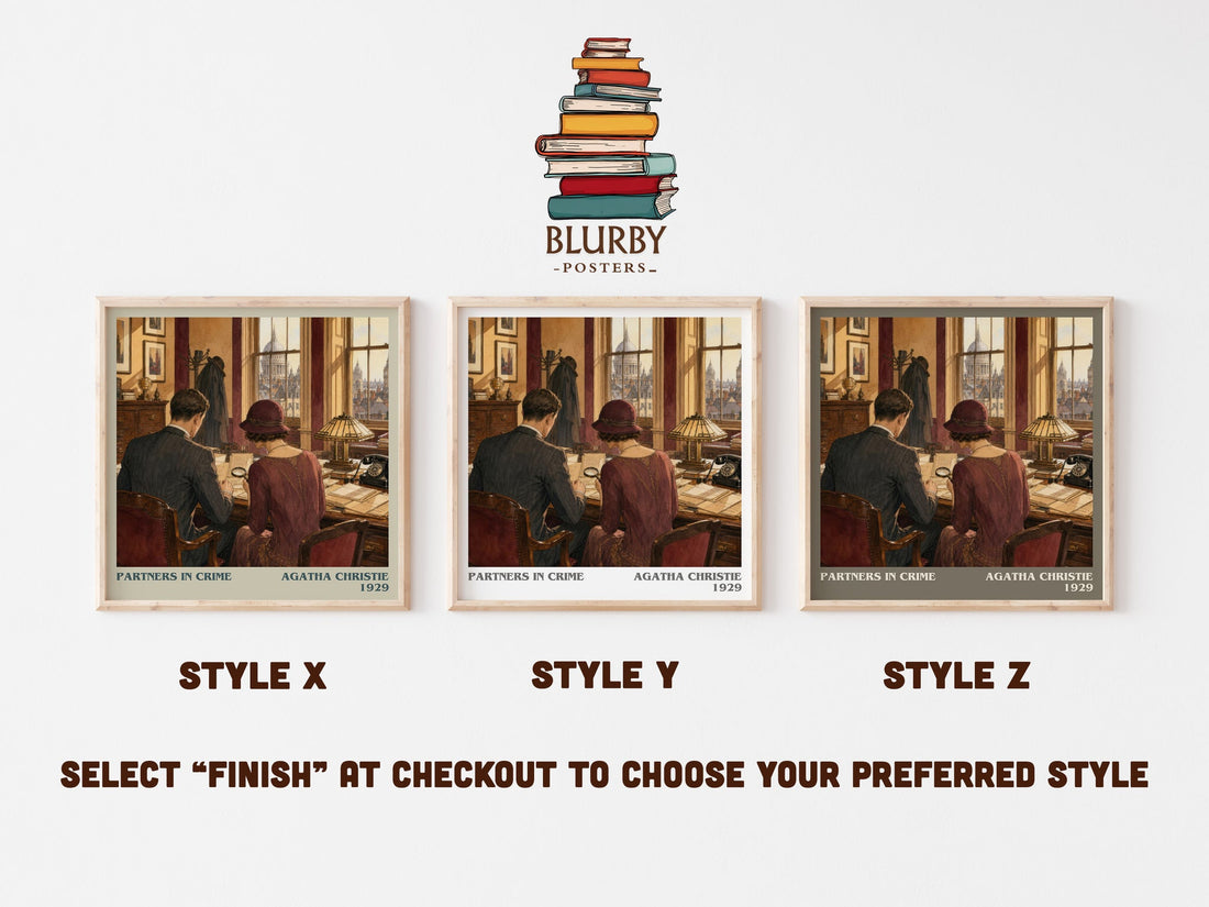 Partners In Crime literary print in frame leaning in hallway – mystery wall art (mockup)