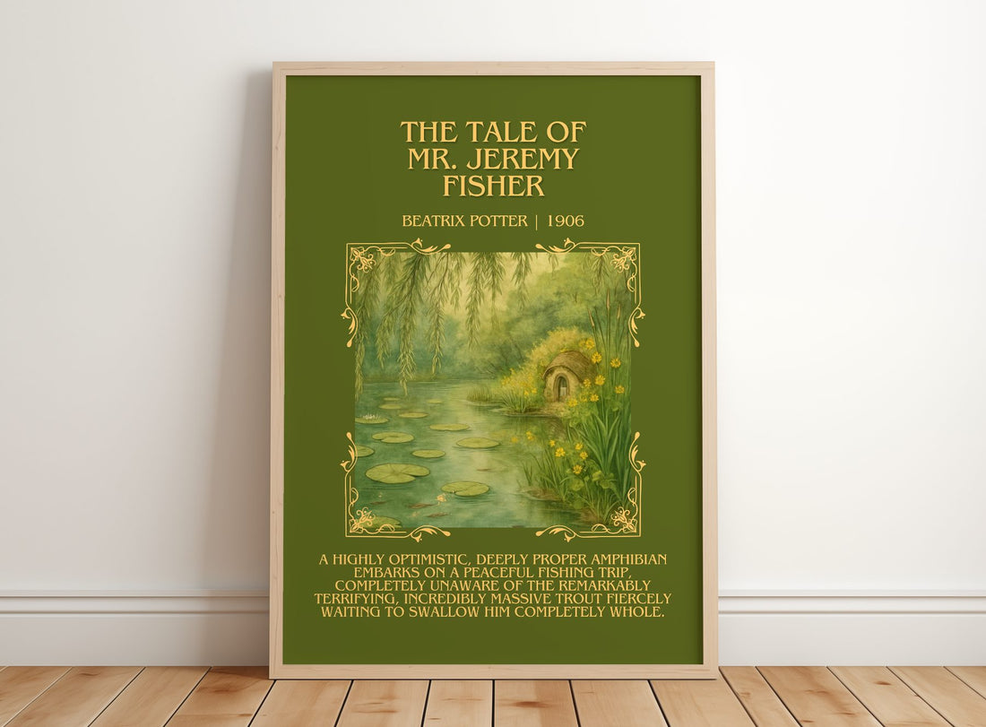 The Tale Of Mr. Jeremy Fisher Minimalist Book Poster by Beatrix Potter – framed print leaning on a wooden floor