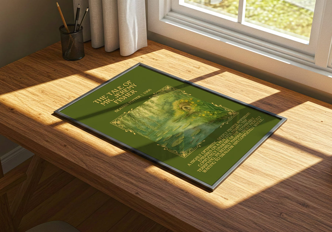 The Tale Of Mr. Jeremy Fisher Minimalist Book Poster by Beatrix Potter – print on a sunlit desk