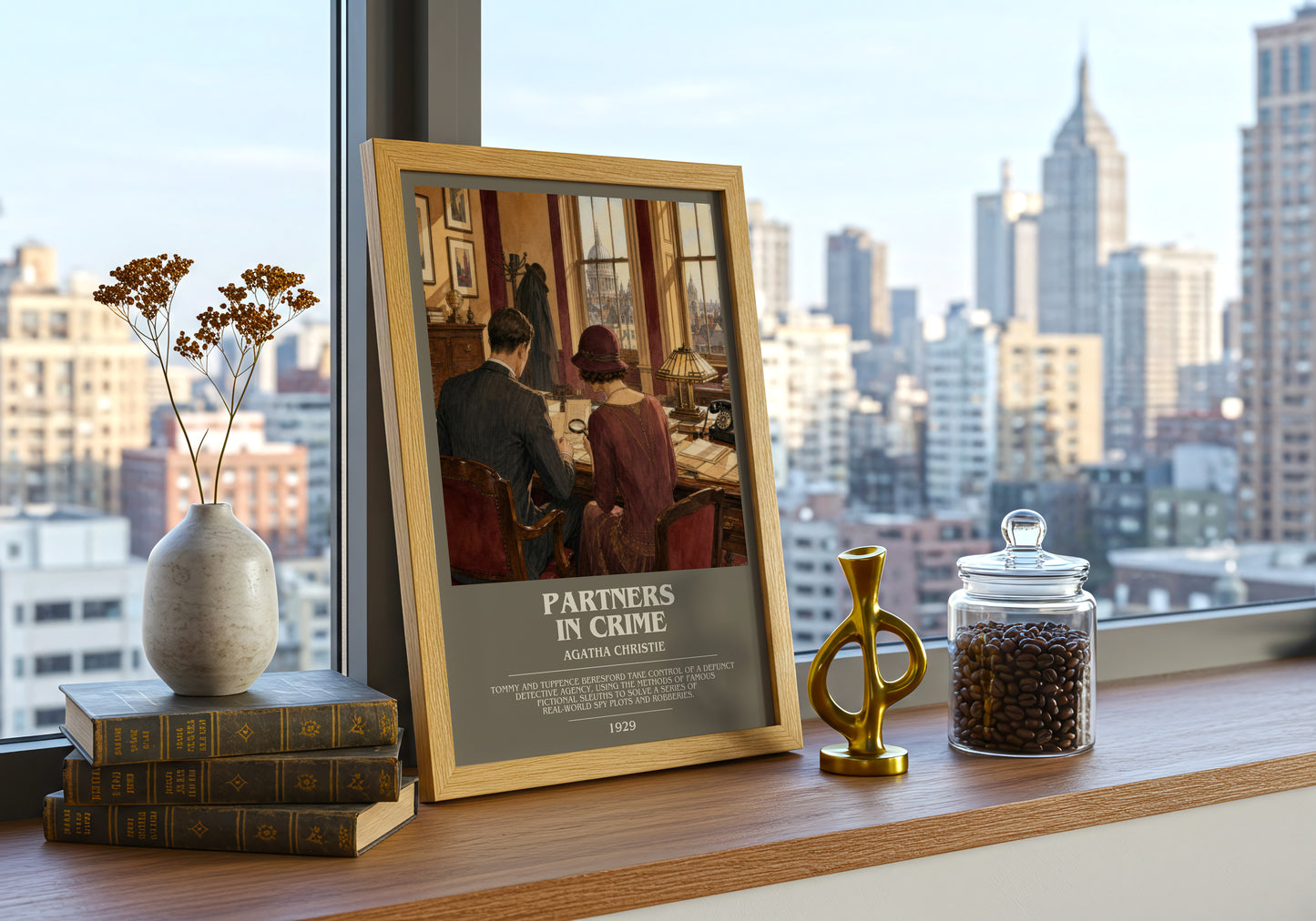 Partners In Crime bookish print framed by window – literary home decor