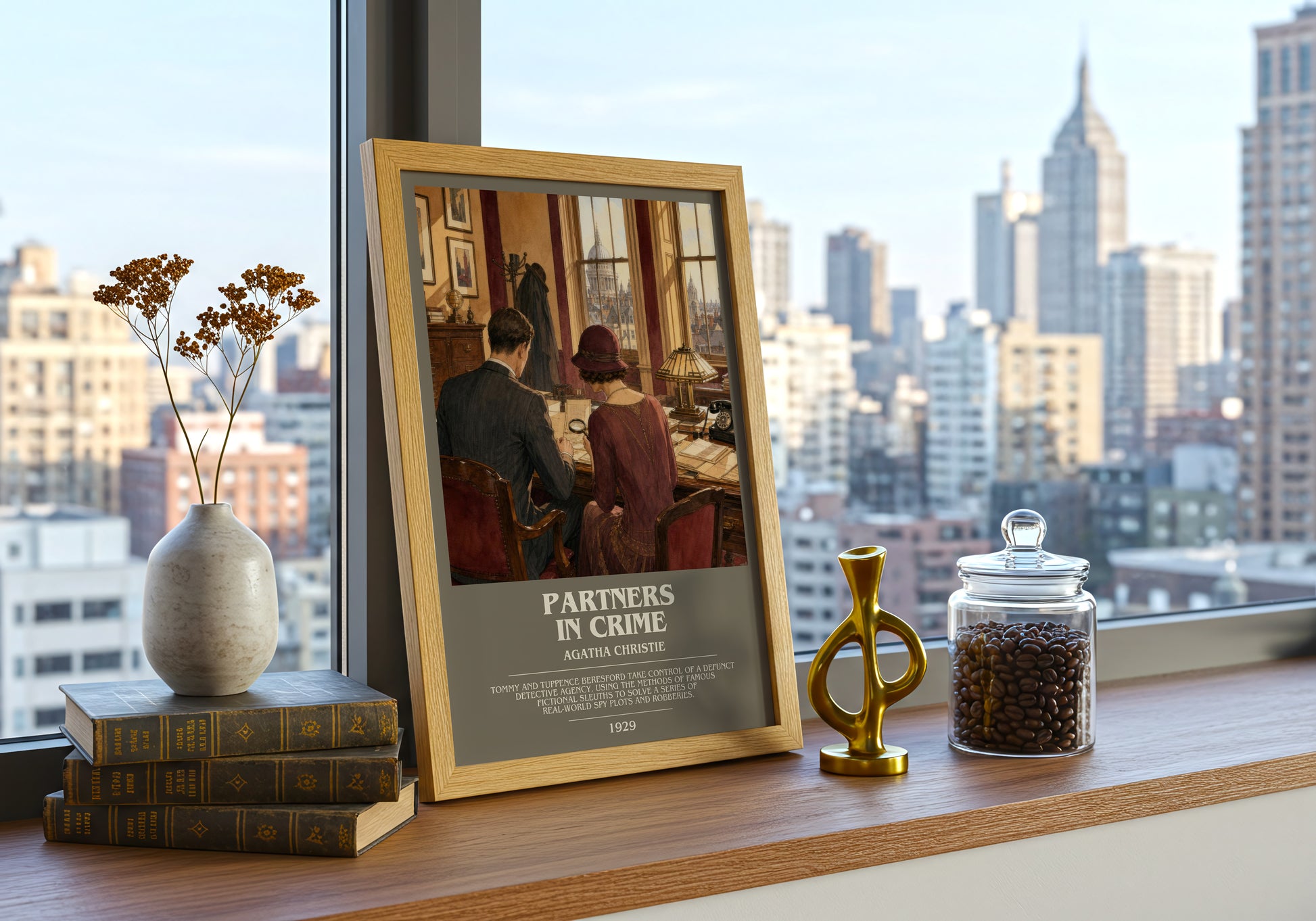 Partners In Crime bookish print framed by window – literary home decor
