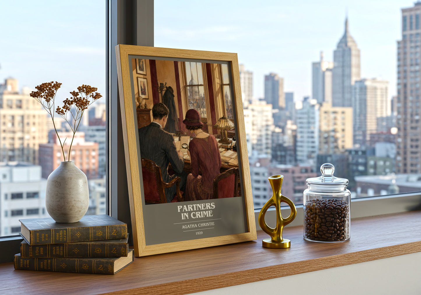 Partners In Crime book cover print framed by window – literary home decor