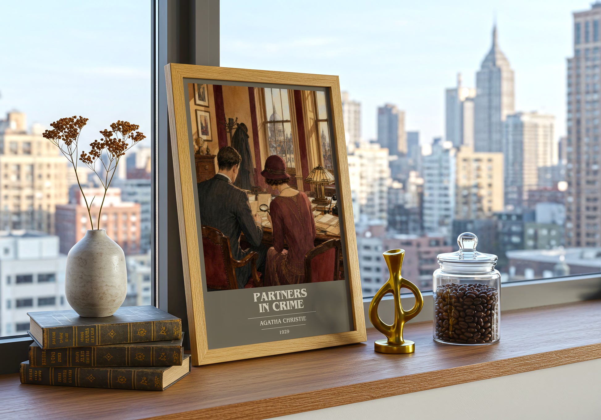 Partners In Crime book cover print framed by window – literary home decor