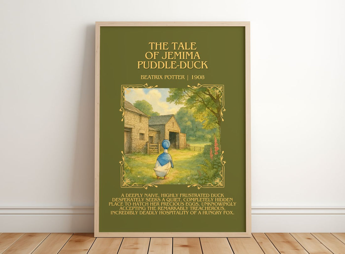Tale Of Jemima Puddle-Duck Minimalist Book Poster by Beatrix Potter – framed print leaning on a wooden floor