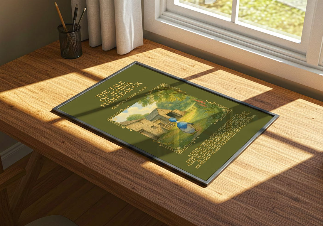 Tale Of Jemima Puddle-Duck Minimalist Book Poster by Beatrix Potter – print on a sunlit desk