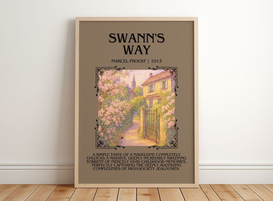 Swann'S Way Minimalist Book Poster by Marcel Proust – framed print leaning on a wooden floor