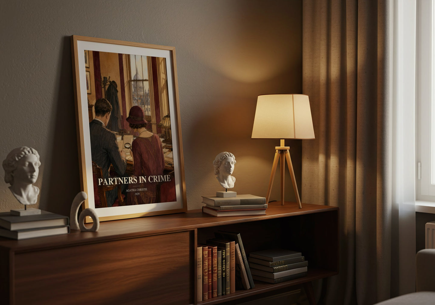 Partners In Crime watercolour print on bookshelf – Agatha Christie fan gift