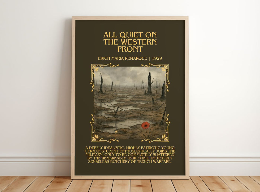 All Quiet On The Western Front Minimalist Book Poster by E. Remarque – framed print leaning on a wooden floor