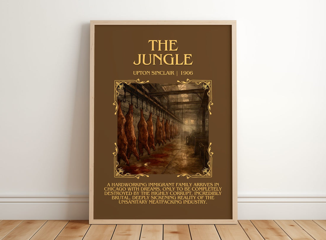 The Jungle Minimalist Book Poster by Upton Sinclair – framed print leaning on a wooden floor