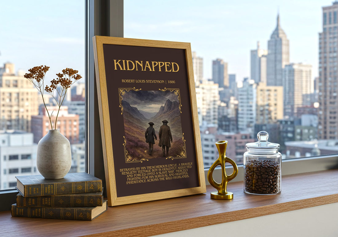 Kidnapped Minimalist Book Poster by Robert Louis Stevenson – framed print on a city-view windowsill