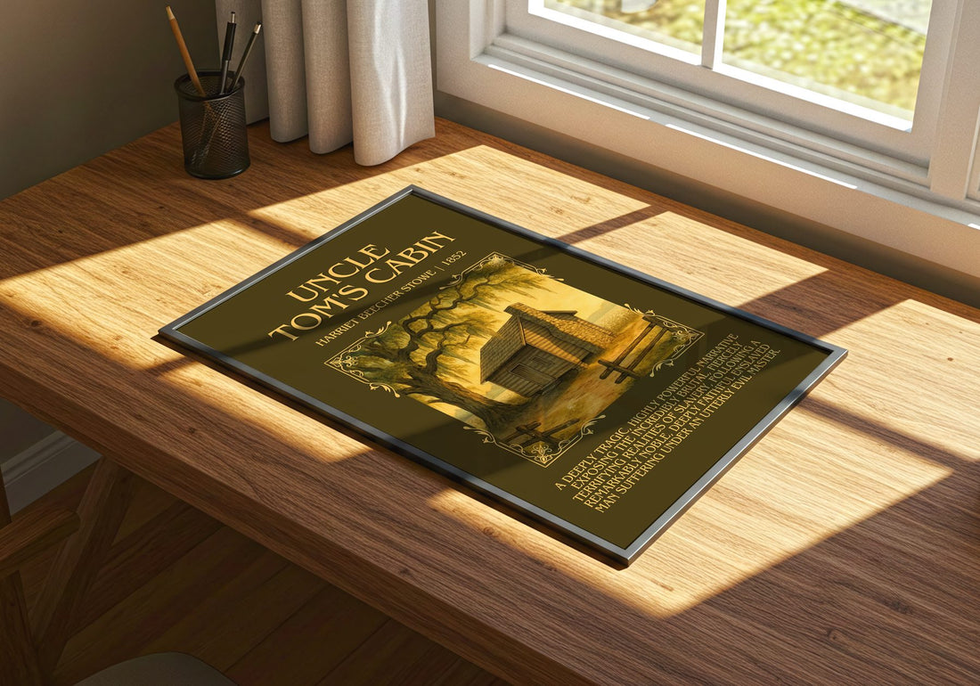 Uncle Tom'S Cabin Minimalist Book Poster by Harriet Beecher Stowe – print on a sunlit desk