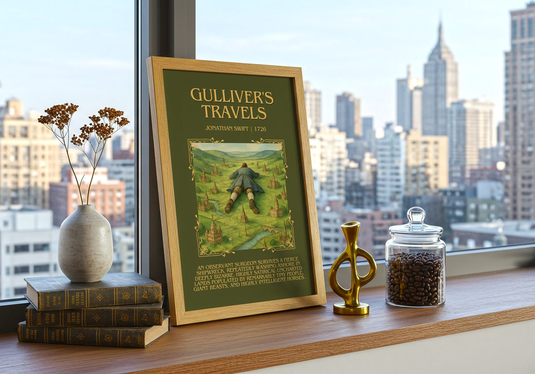 Gulliver'S Travels Minimalist Book Poster by Jonathan Swift – framed print on a city-view windowsill