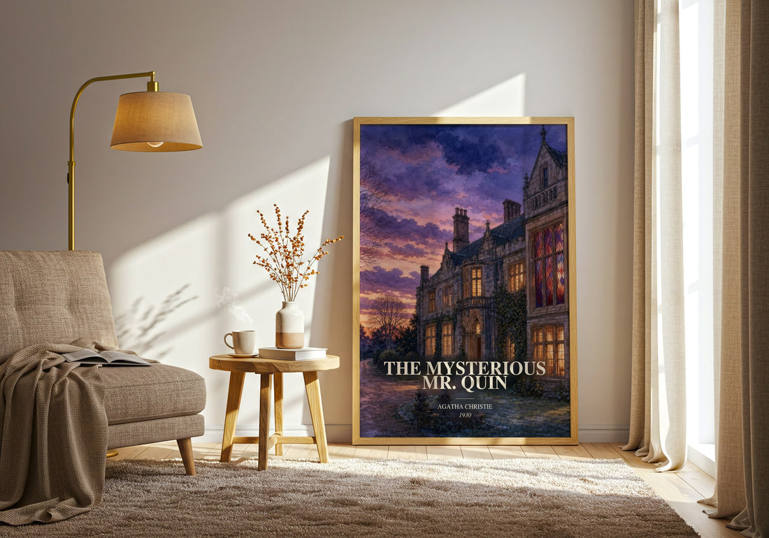 The Mysterious Mr. Quin watercolour print in frame leaning in hallway – mystery wall art (mockup)