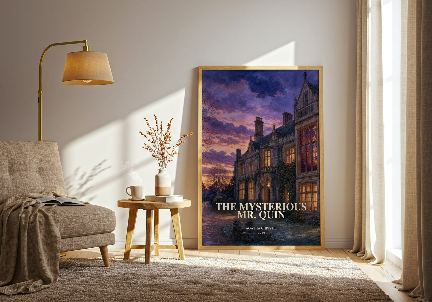 The Mysterious Mr. Quin watercolour print in frame leaning in hallway – mystery wall art