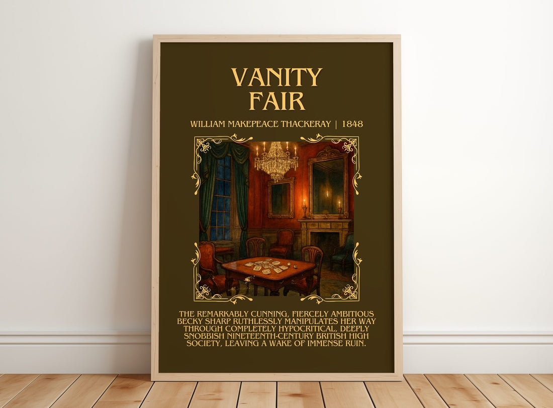 Vanity Fair Minimalist Book Poster by William Makepeace Thackeray – framed print leaning on a wooden floor