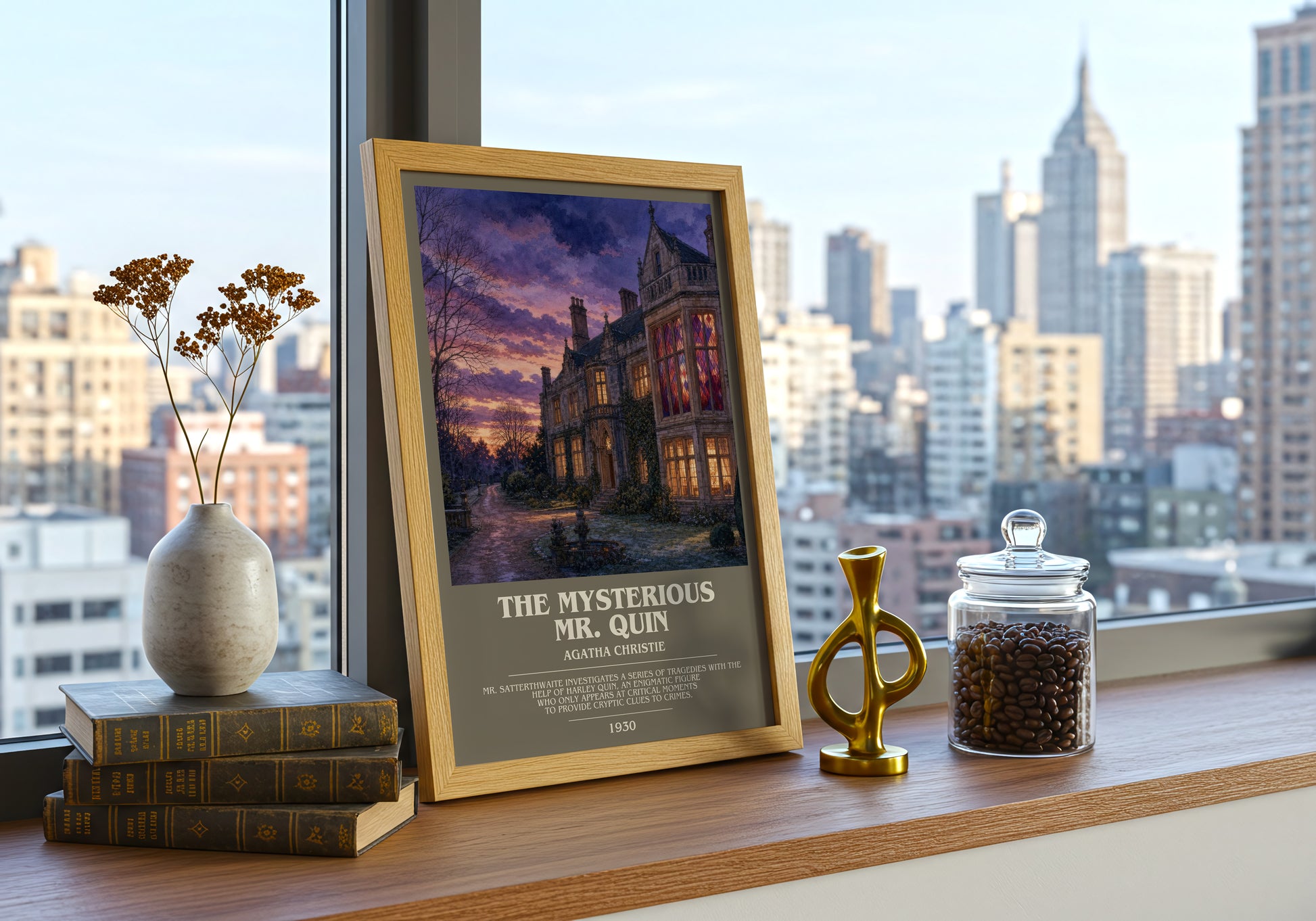 The Mysterious Mr. Quin bookish print framed by window – literary home decor