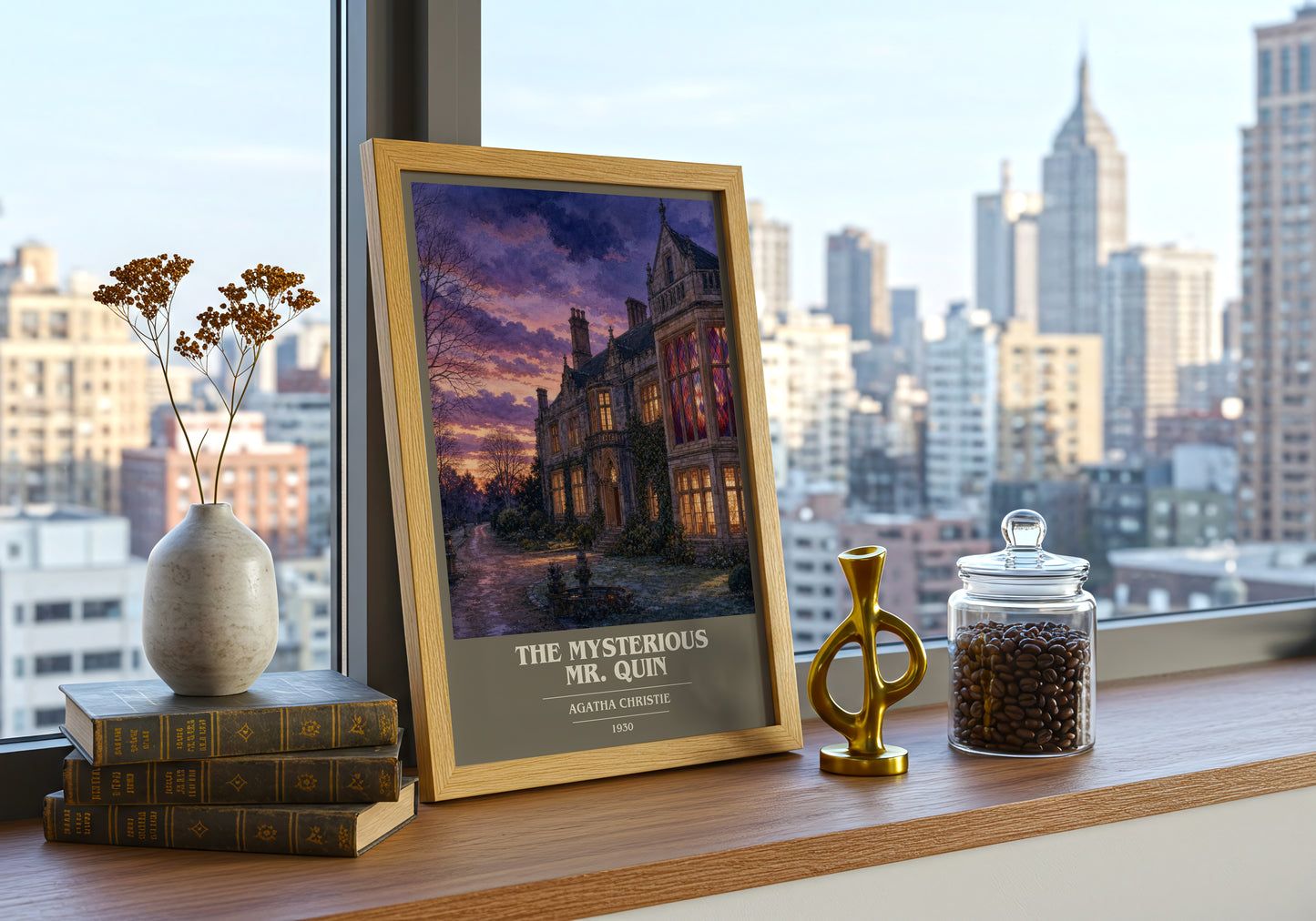 The Mysterious Mr. Quin book cover print framed by window – literary home decor