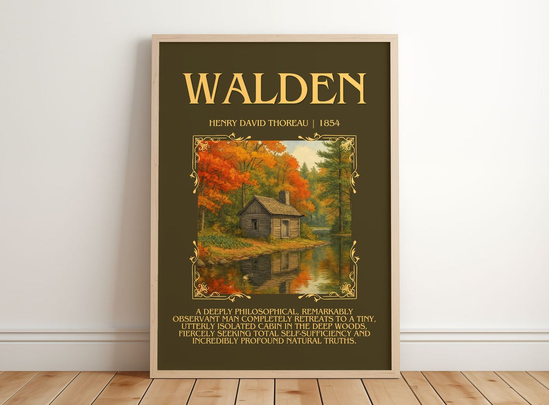 Walden Minimalist Book Poster by Henry David Thoreau – framed print leaning on a wooden floor