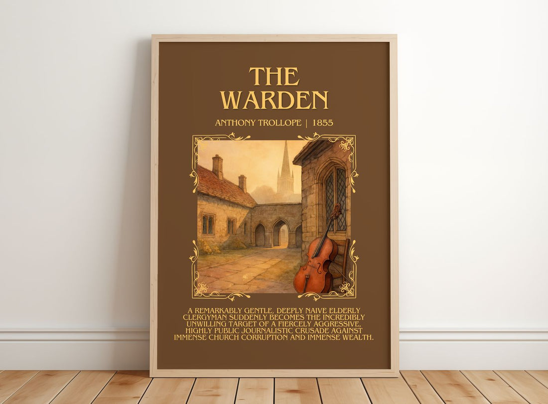 The Warden Minimalist Book Poster by Anthony Trollope – framed print leaning on a wooden floor