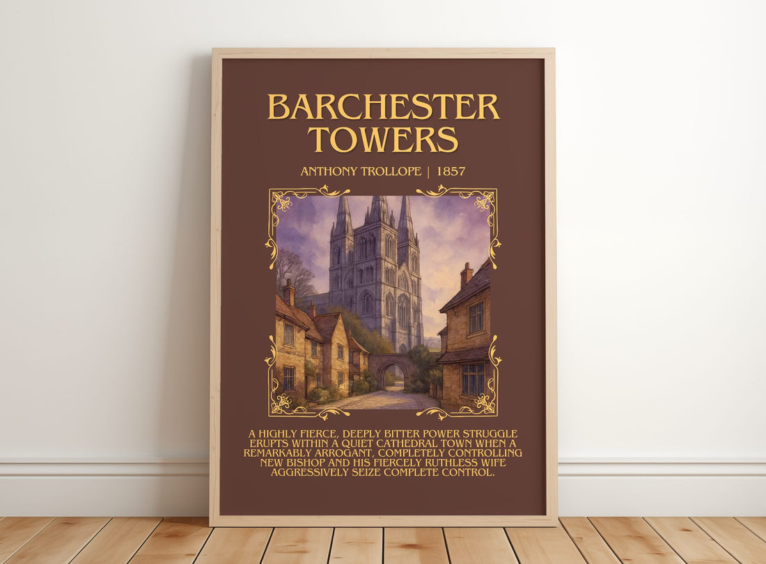 Barchester Towers Minimalist Book Poster by Anthony Trollope – framed print leaning on a wooden floor