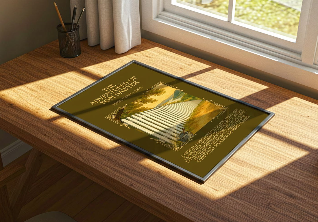 The Adventures Of Tom Sawyer Minimalist Book Poster by Mark Twain – print on a sunlit desk