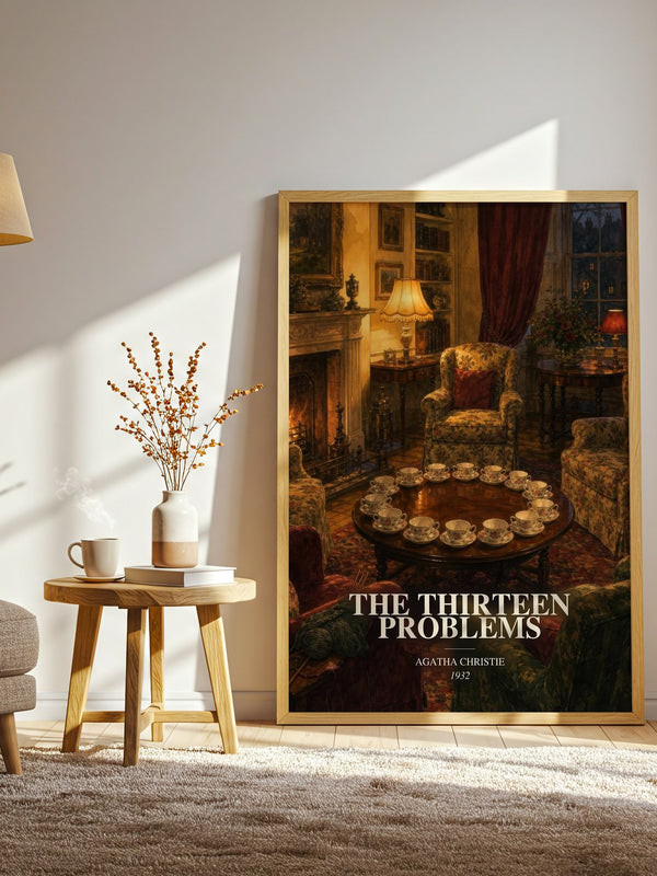 The Thirteen Problems watercolour print in frame leaning in hallway – mystery wall art