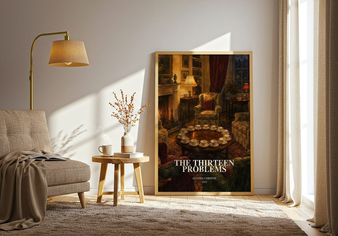 The Thirteen Problems watercolour print in frame leaning in hallway – mystery wall art (mockup)