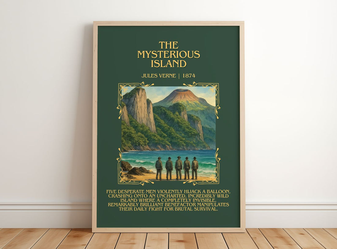 The Mysterious Island Minimalist Book Poster by Jules Verne – framed print leaning on a wooden floor